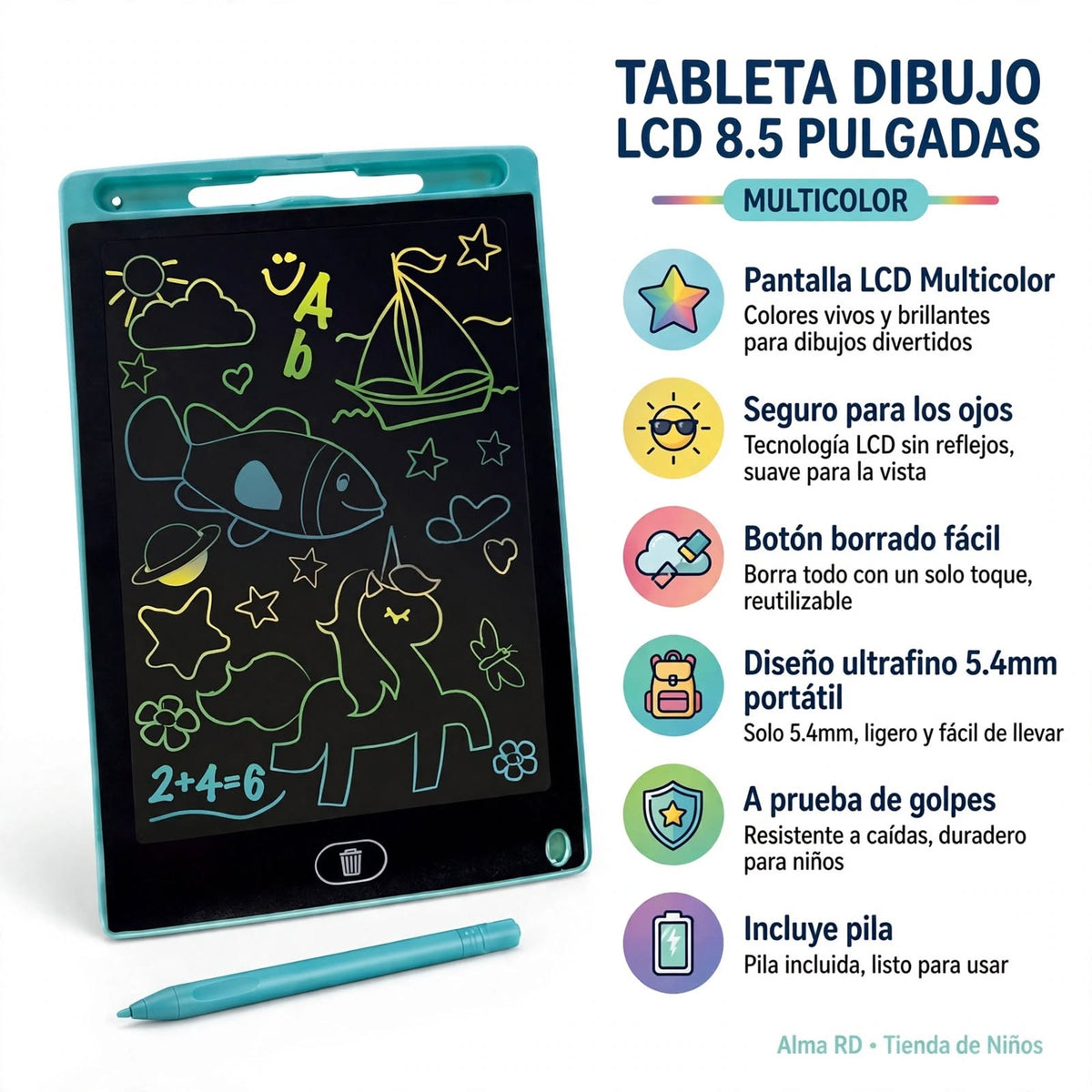 Tableta de Dibujo LCD 8.5" Multicolor ALMA RD™- Dibuja, Borra y Repite