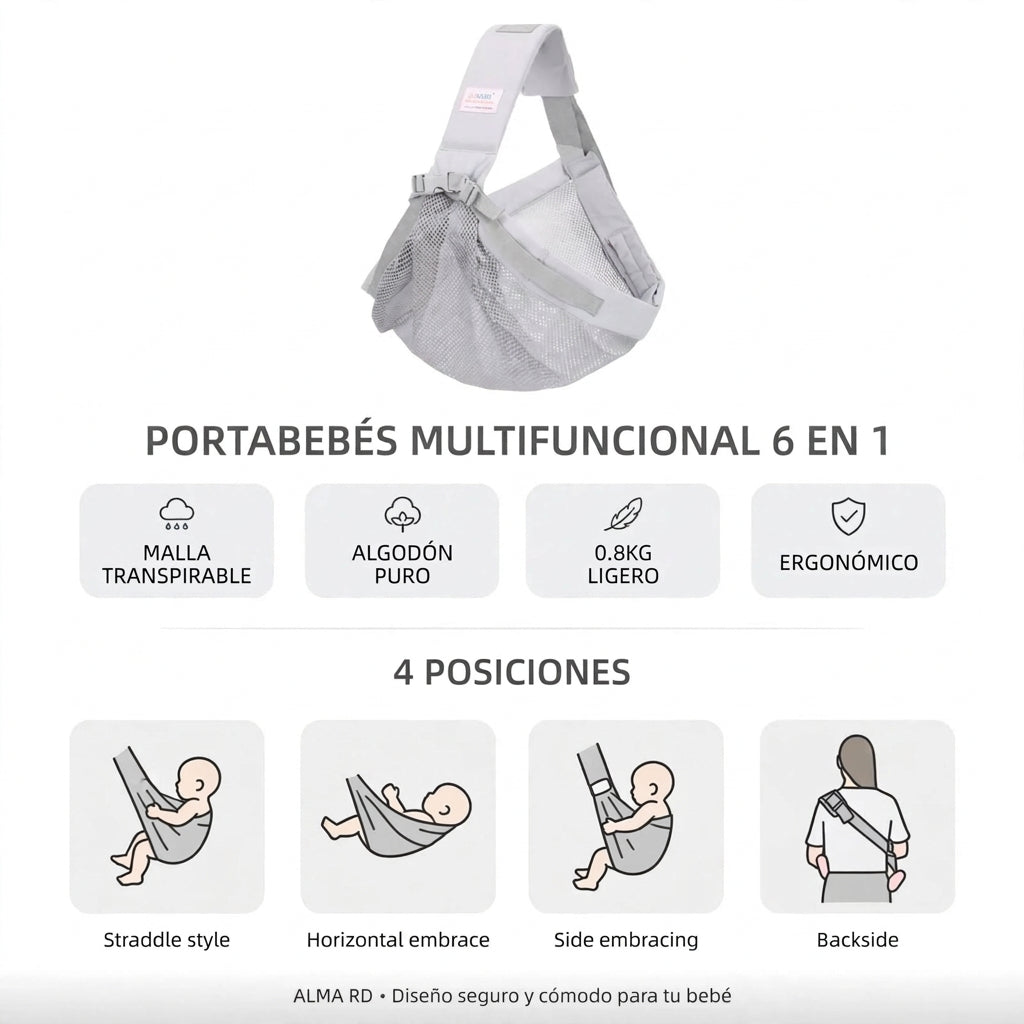 Portabebés Multifuncional 6 en 1 ALMA RD™- Malla Transpirable y Algodón Puro