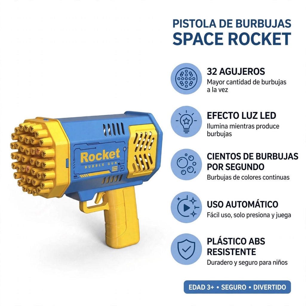 Pistola de Burbujas Space Rocket 32 Agujeros - Alma RD