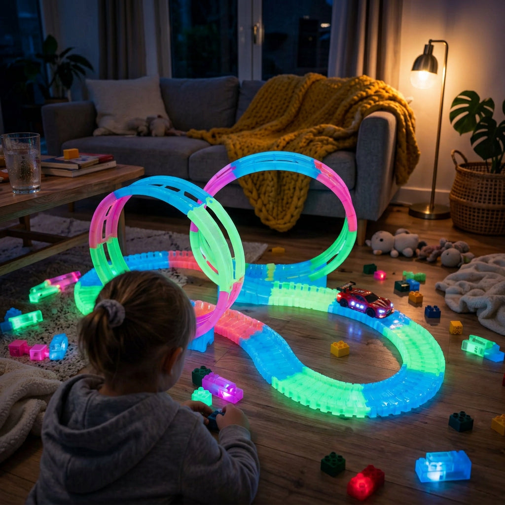 Pista de la Diversión Flexible ALMA RD™ 134 Piezas + Coche LED + 2 Loopings - Brilla en la Oscuridad-