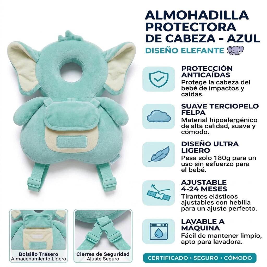 Almohadilla Protectora de Cabeza Bebé ALMA RD™ - Mochila Anticaídas Elefante Azul - Suave y Ajustable