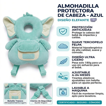 Almohadilla Protectora de Cabeza Bebé ALMA RD™ - Mochila Anticaídas Elefante Azul - Suave y Ajustable