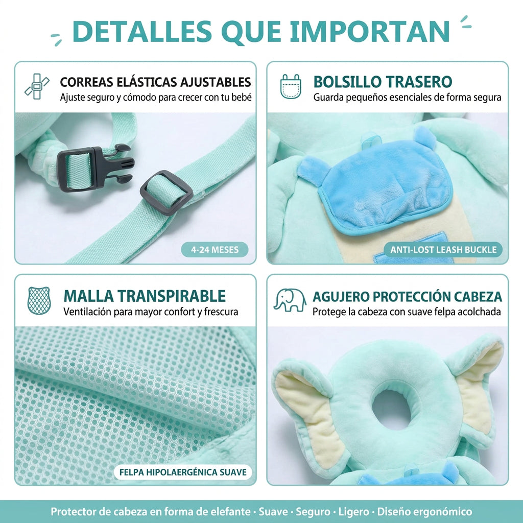 Almohadilla Protectora de Cabeza Bebé ALMA RD™ - Mochila Anticaídas Elefante Azul - Suave y Ajustable