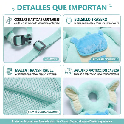 Almohadilla Protectora de Cabeza Bebé ALMA RD™ - Mochila Anticaídas Elefante Azul - Suave y Ajustable