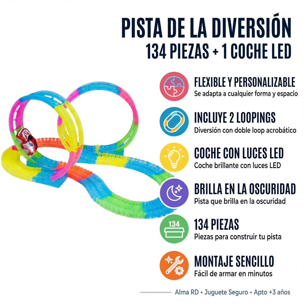 Pista de la Diversión Flexible ALMA RD™ 134 Piezas + Coche LED + 2 Loopings - Brilla en la Oscuridad-